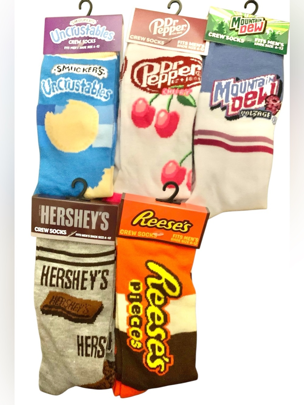 Men’s Crew Socks Mountain Dew Hershey Dr. Pepper Uncrustable Reese’s Sz 6-12 NEW